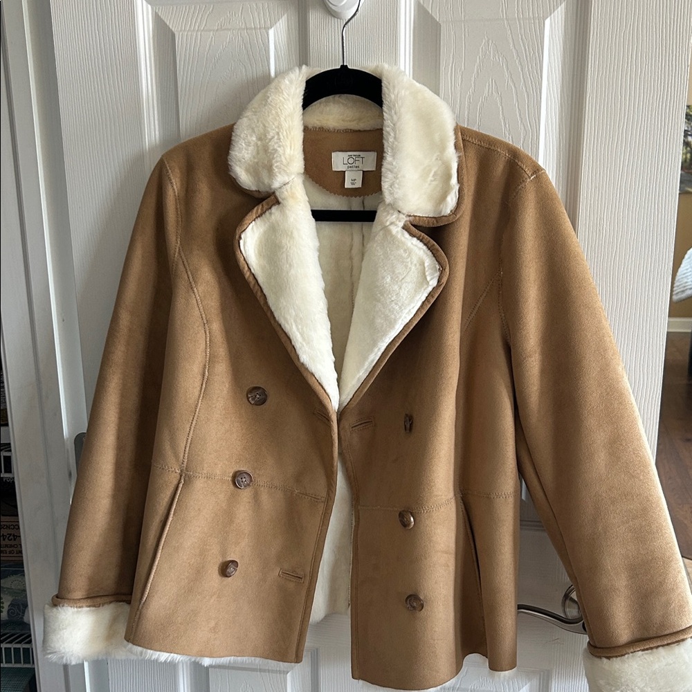 LOFT Tan Faux-Suede Pea Coat with Cream Faux-Shearling